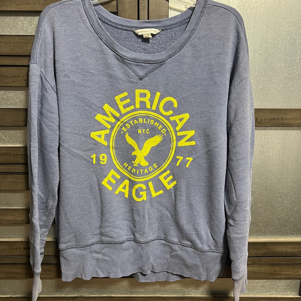 Vintage American Eagle Outfitters Blue and Yellow Graphic Long Sleeve Sweatshirt
